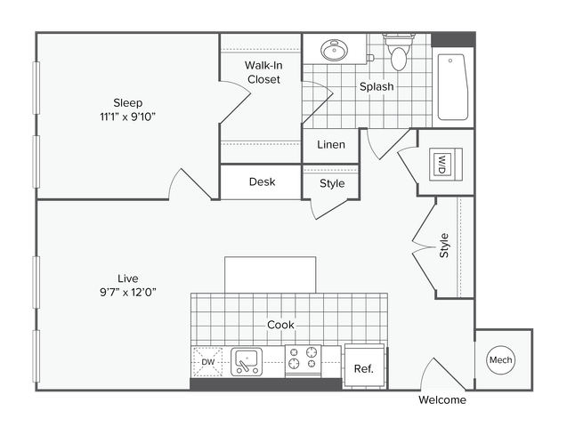 1 BR x 1 BA - L Floorplan