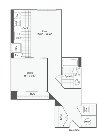 1 BR x 1 BA - O Floorplan