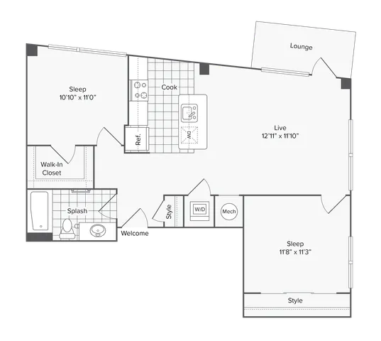 2 BR x 1 BA - A Floorplan