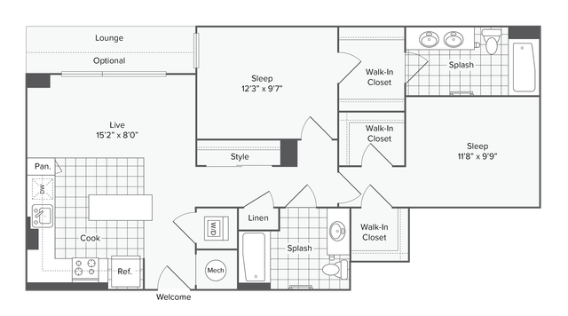 2 BR x 2 BA - A Floorplan