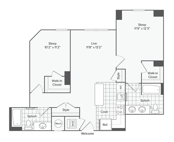 2 BR x 2 BA - B Floorplan