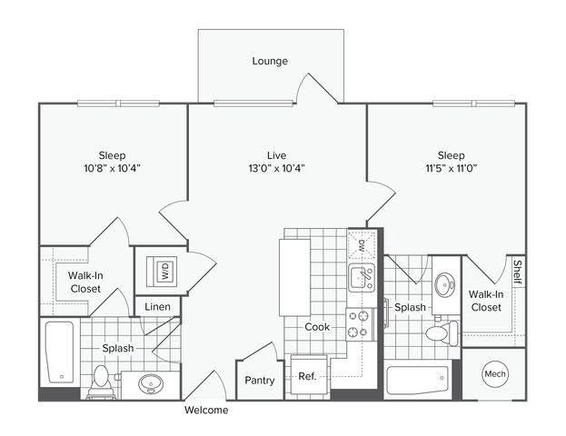 2 BR x 2 BA - C Floorplan
