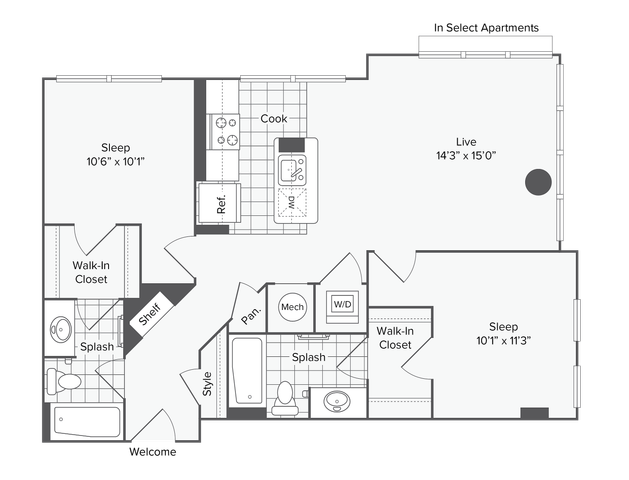 2 BR x 2 BA - D Floorplan