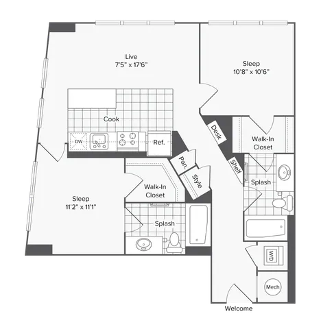 2 BR x 2 BA - E Floorplan