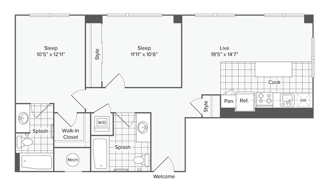 2 BR x 2 BA - F Floorplan