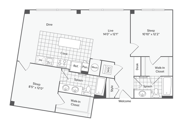 2 BR x 2 BA - G Floorplan