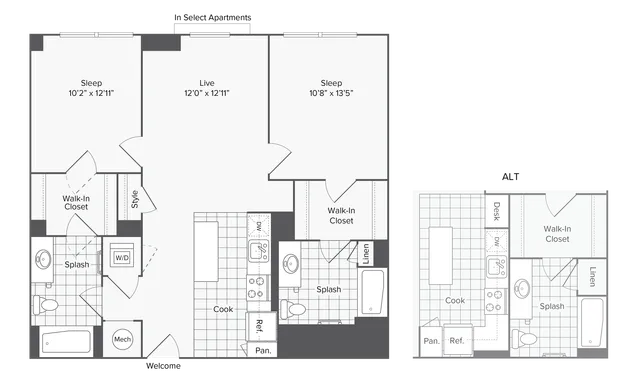 2 BR x 2 BA - H Floorplan