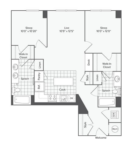 2 BR x 2 BA - I Floorplan