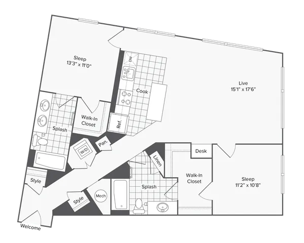2 BR x 2 BA - J Floorplan