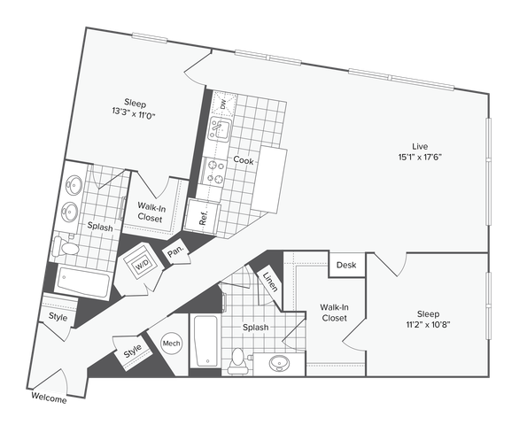 2 BR x 2 BA - J - Income Restricted (60) Floorplan
