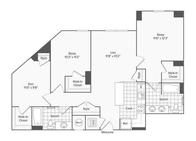 2 BR x 2 BA - Den Floorplan
