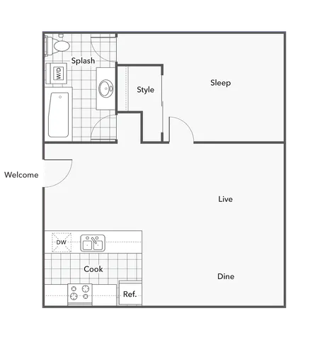 1 BR x 1 BA with Washer & Dryer Floorplan