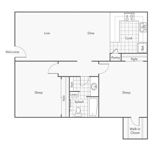 2 BR x 1 BA - B Floorplan