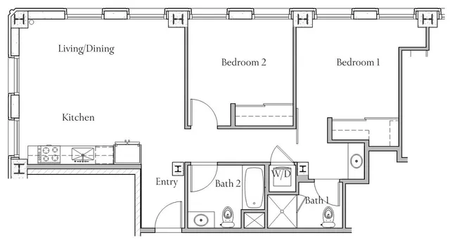 2 BR x 2 BA Floorplan