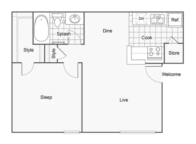 1 BR x 1 BA - A Floorplan