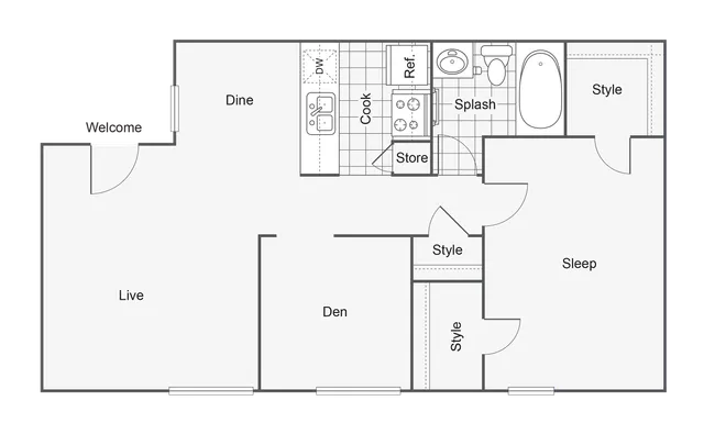 1 BR x 1 BA with Den - A Floorplan