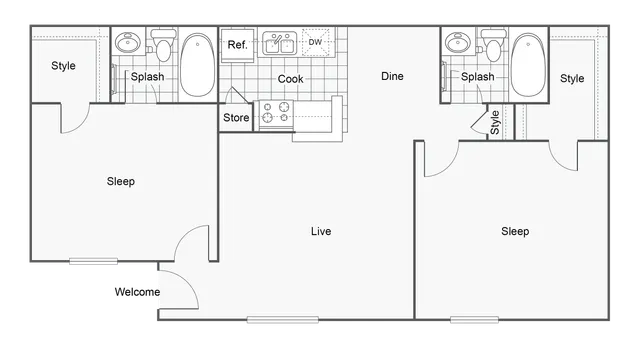2 BR x 2 BA - A Floorplan