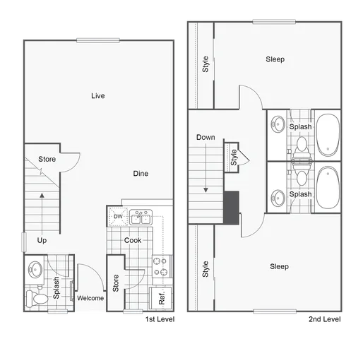 2 BR x 2.5 BA - Townhome - A Floorplan
