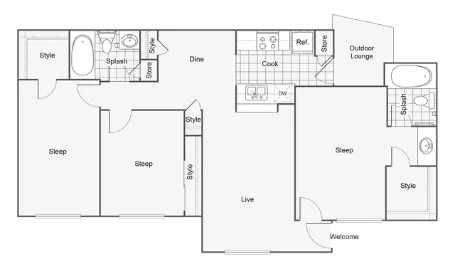 3 BR x 2 BA with Outdoor Lounge - A Floorplan