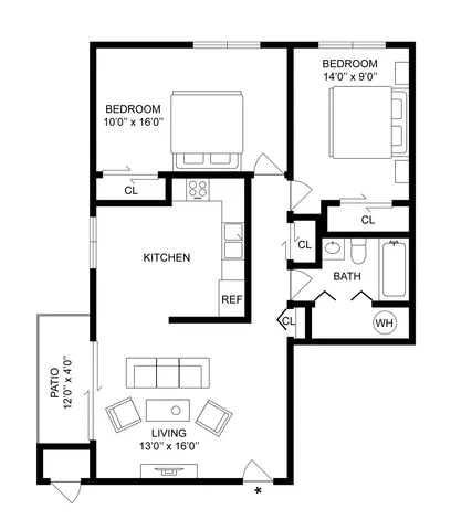 2 BR x 1 BA - A Floorplan