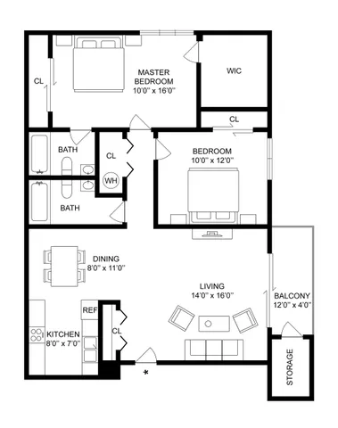 2 BR x 2 BA - A Floorplan