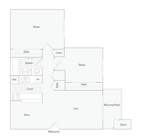 2 BR x 1 BA - A Floorplan
