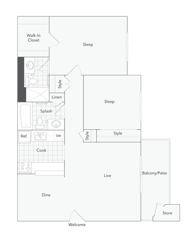 2 BR x 2 BA - A Floorplan