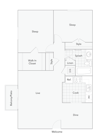 2 BR x 1 BA - A Floorplan