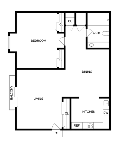 1 BR x 1 BA - B Floorplan