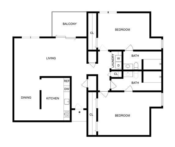 2 BR x 2 BA - A Floorplan