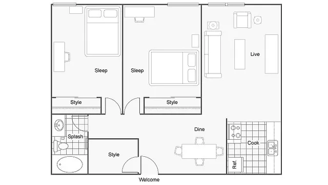 Modern 2D floor plan showcasing two bedrooms, a cozy living area, and a functional kitchen with versatile spaces.