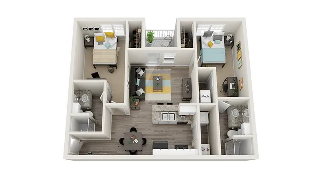 Modern 3D floor plan showcasing two bedrooms, a cozy living room, and a stylish kitchen with dining area.