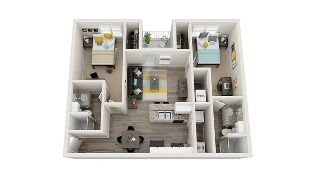 3D floor plan of a modern apartment featuring 2 bedrooms, an open-concept living space, dining area, and two bathrooms.