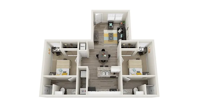 Contemporary 3D floor plan showcasing two bedrooms, open living area, and modern kitchen.