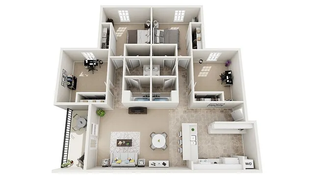 Elegant 3D floor plan showcasing 3 bedrooms, modern kitchen with island, open dining and living area, home office, and private balcony.