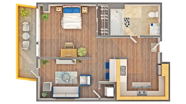 Inviting floor plan showcasing a cozy bedroom, modern kitchen, and stylish living area with a charming outdoor balcony.