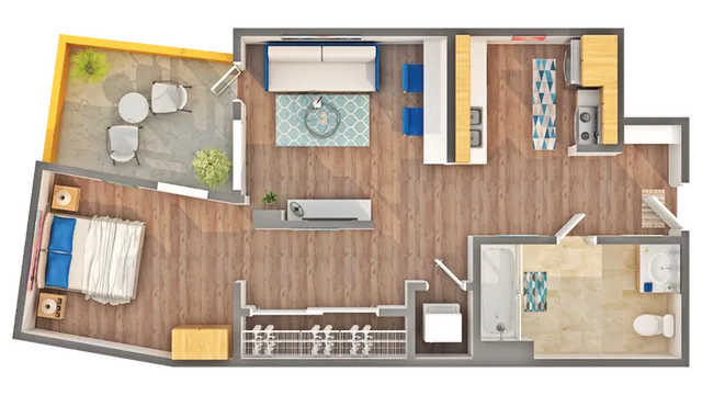 Charming floor plan showcasing 1 bedroom, stylish open kitchen, cozy living room, and private patio area.