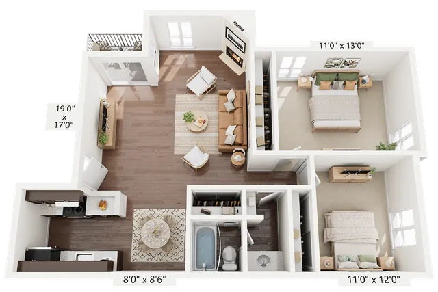 2BR x 1BA - B Floorplan