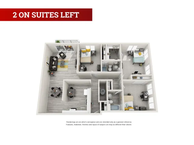 Elegant 3D floor plan highlighting 2 spacious bedrooms, each with en-suite bathrooms, an open living area, and a modern kitchen.