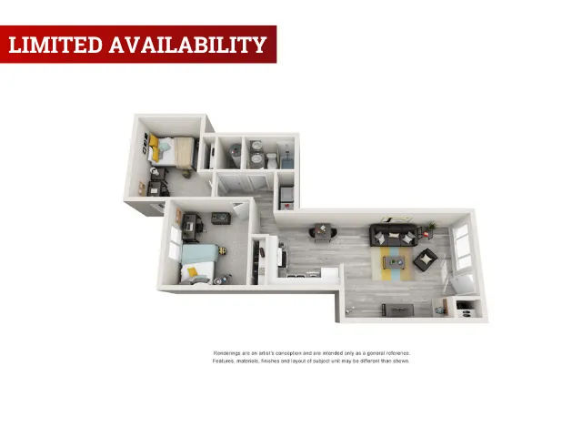 Contemporary 3D floor plan highlighting 2 cozy bedrooms, a modern kitchen, and a welcoming living room with abundant natural light, marked as limited availability.