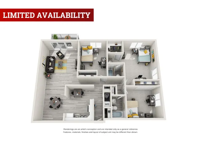 Modern 3D floor plan displaying 3 bedrooms, a cozy living area, open kitchen, and a balcony, highlighted by limited availability.