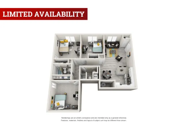 Luxurious 3D apartment floor plan with three bedrooms, modern kitchen, and cozy living space, boasting limited availability.