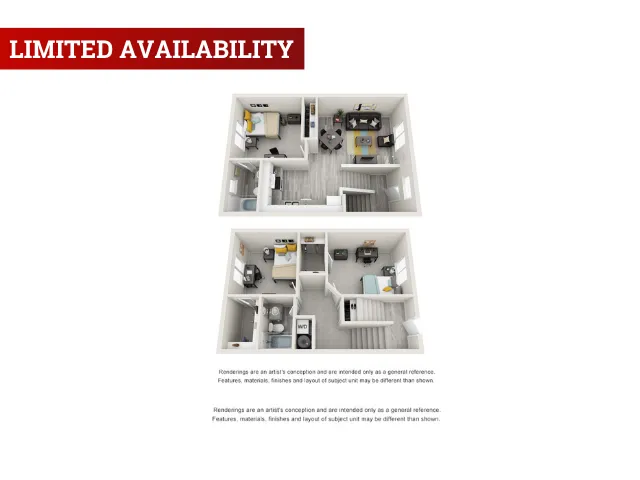 Modern 3D floor plan showcasing two-story apartment with limited availability, featuring 2 bedrooms, cozy living area, and stylish kitchen.