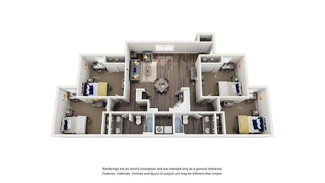 Modern 3D floor plan showcasing three spacious bedrooms, an inviting living area, and contemporary kitchen with hardwood flooring.