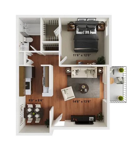 1 BR x 1 BA - B Floorplan - Classic