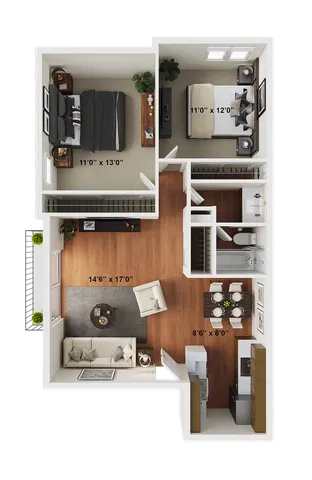2 BR x 1 BA - A Floorplan - Classic