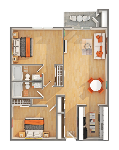 2 BR x 2 BA - A Floorplan