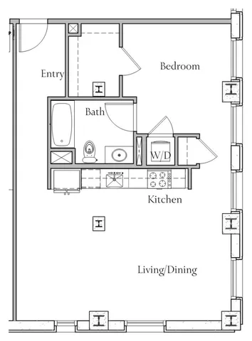 Inviting floor plan with one bedroom, modern kitchen, cozy living and dining area, and a stylish bath.