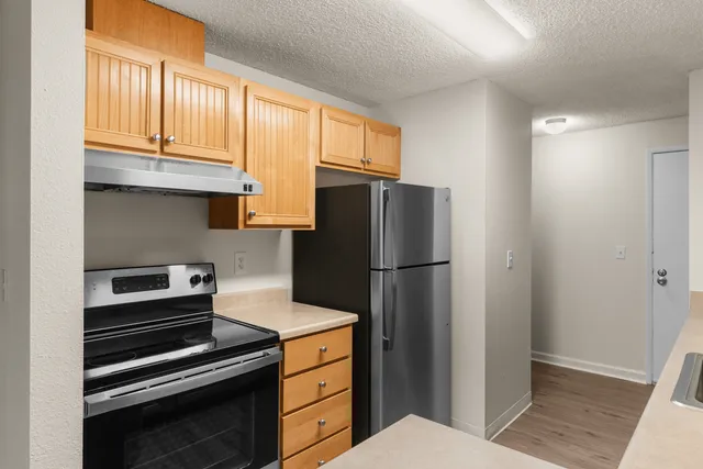 Modern kitchen with stainless steel appliances, wooden cabinetry, and a sleek countertop.