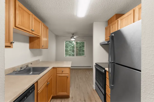 Contemporary kitchen with stainless steel appliances and wooden cabinetry.
